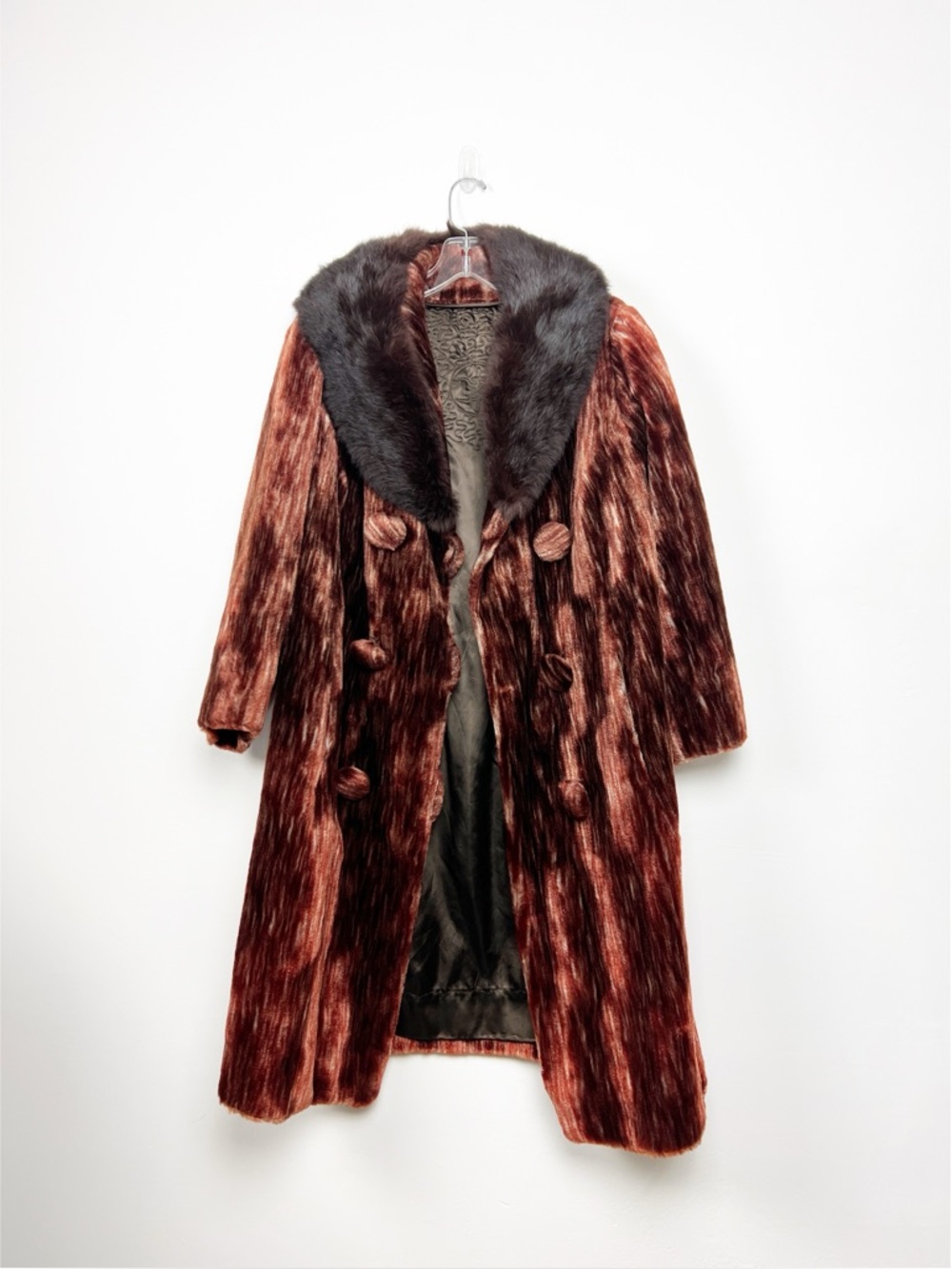VNTG Plush Faux Fur Coat in Deep Rust with Black Removable Collar